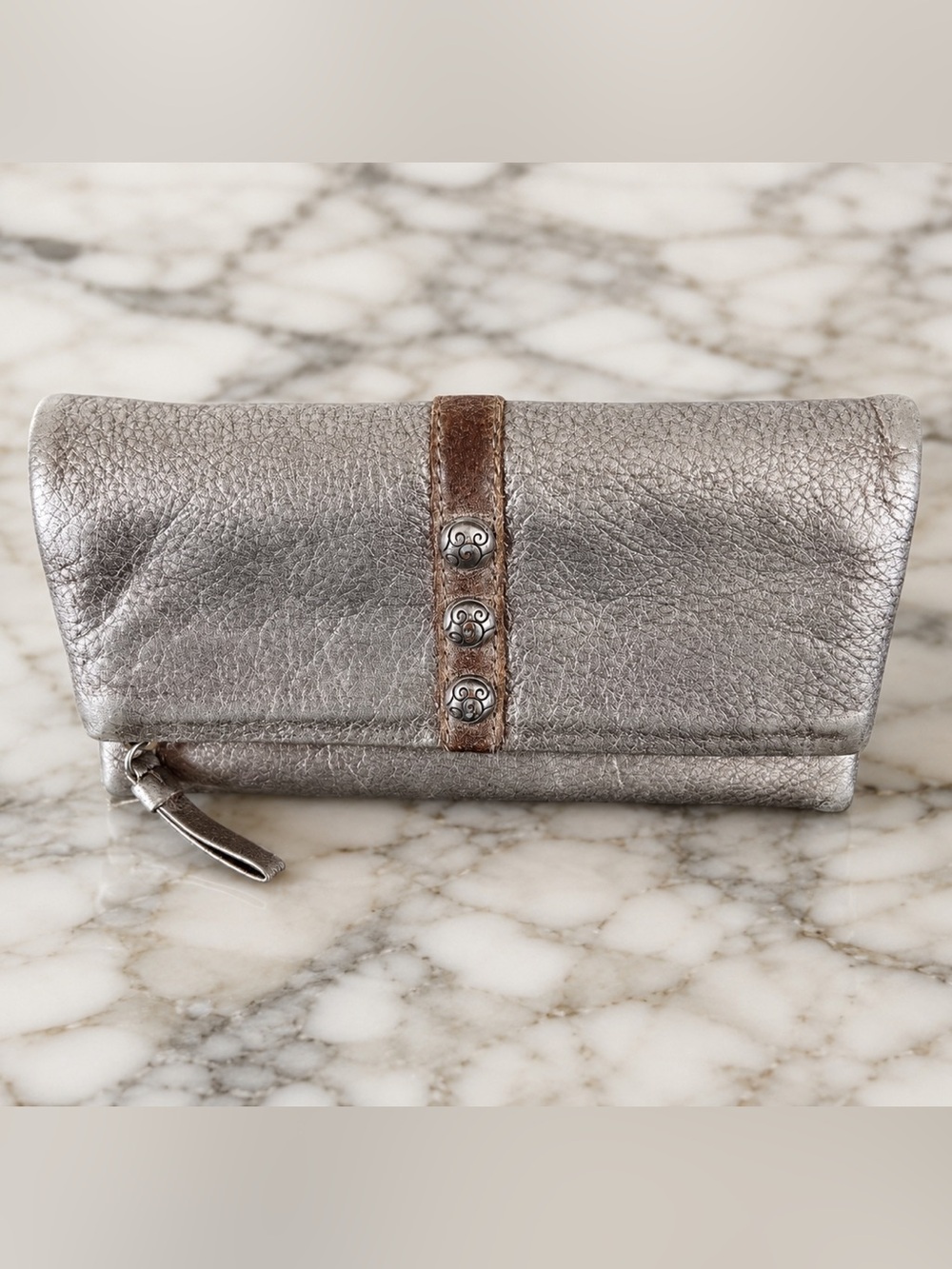 Brighton Nolita Silver Shimmer Leather Trifold Wallet Magnetic Snap
